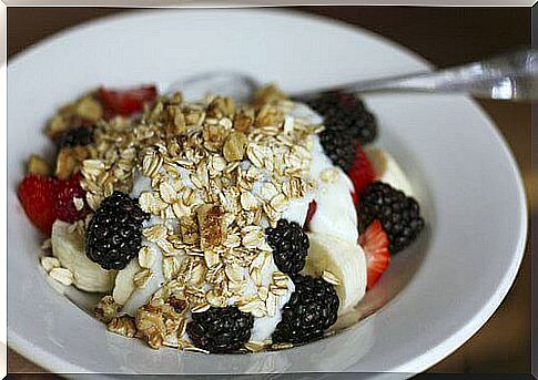 Porridge with fruit, cereals for breakfast