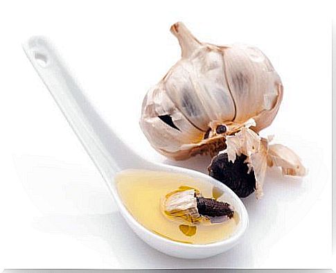 Garlic and olive oil on a spoon