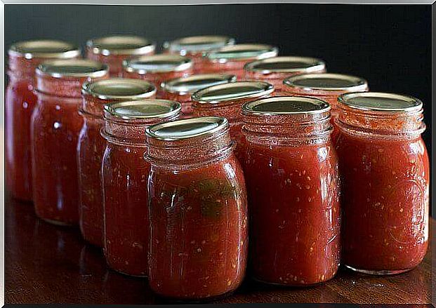 Tomato puree in jars.